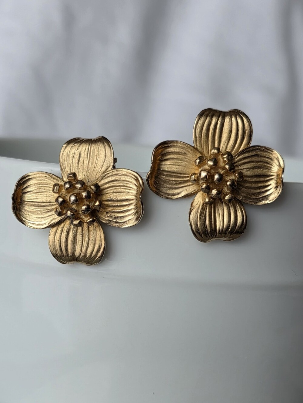 Vintage Signed Napier Gold-Tone Dogwood Flower Clip On Earrings